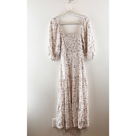 MINKPINK Hailey Floral Puff Sleeve Cutout Midi Dress White Purple XL - Picture 14 of 16